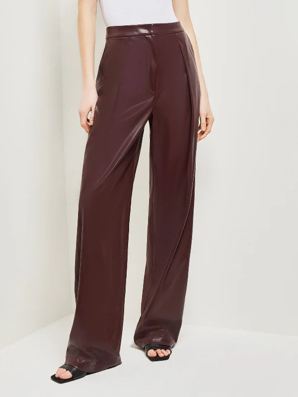 Pleated Straight Leg Vegan Leather Pants, Mahogany