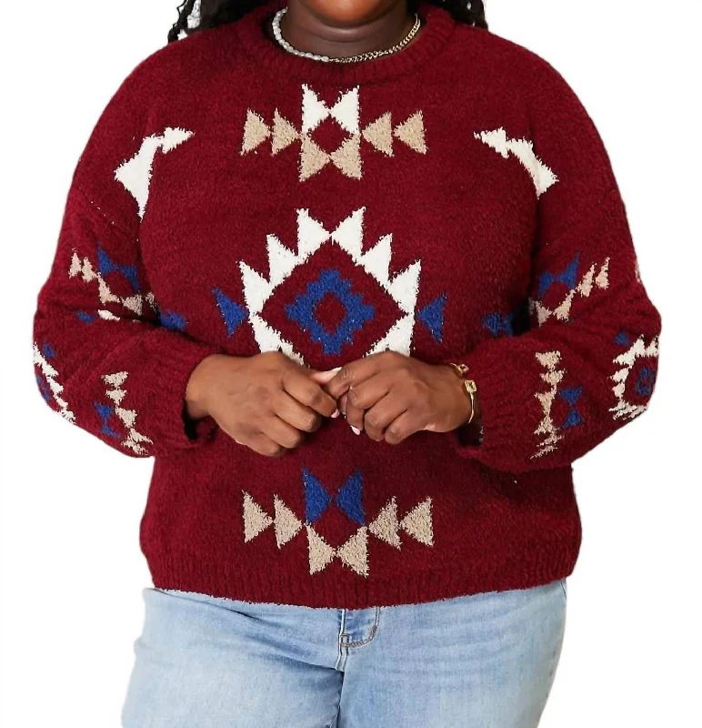 Full Size Aztec Soft Fuzzy Sweater In Burgundy