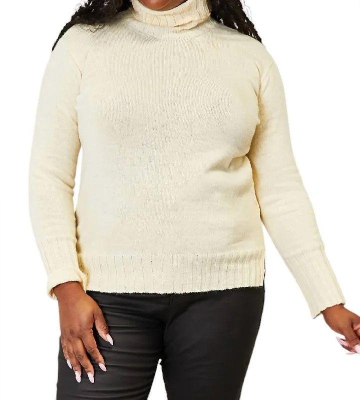 Full Size Long Sleeve Turtleneck Sweater With Side Slit In Cream