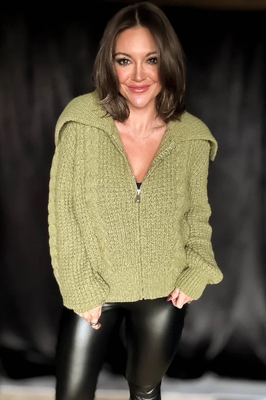 Olive Chunky Cable Knit Zip-Front Sweater