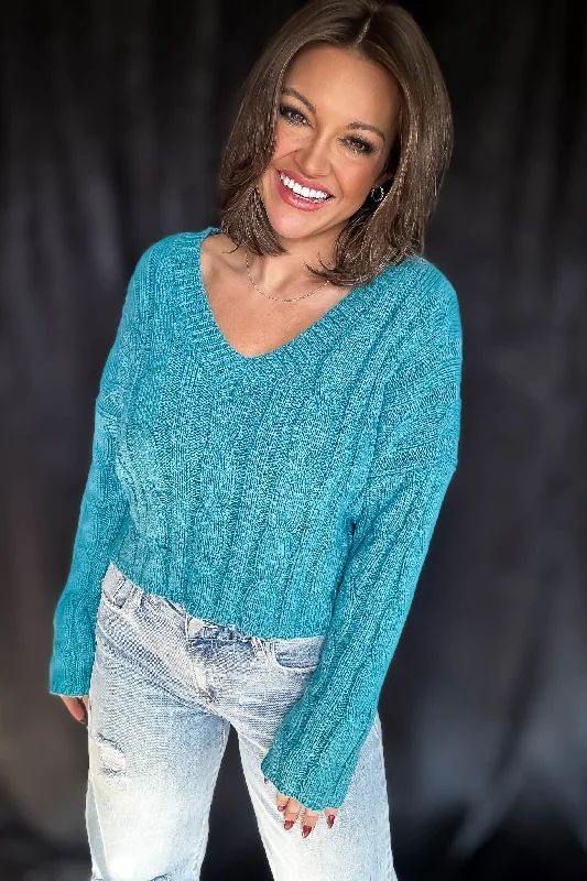 Teal V Neck Cable Sweater