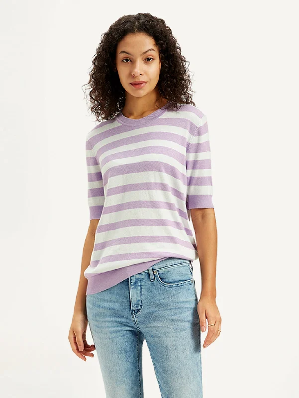 Women's Striped Lavender Crew Neck Sweater