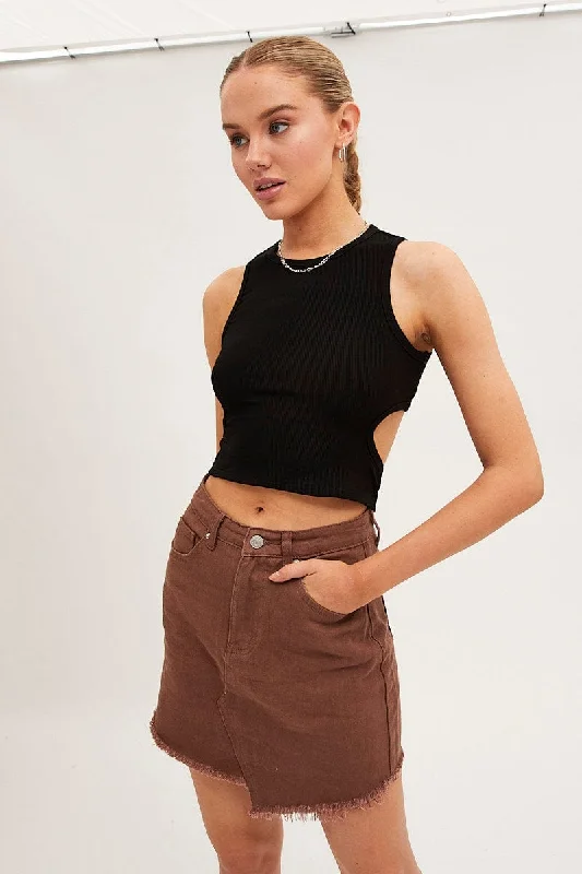 Brown Denim Skirt Mini Asymmetric Hem