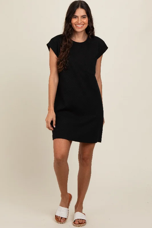 Black Front Pocket Line Textured Short Sleeve Dress