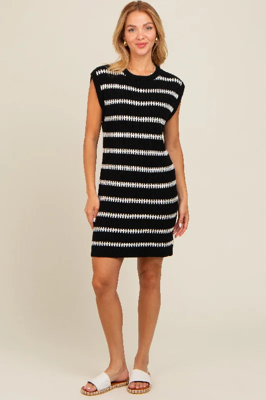 Black Striped Sweater Knit Sleeveless Dress