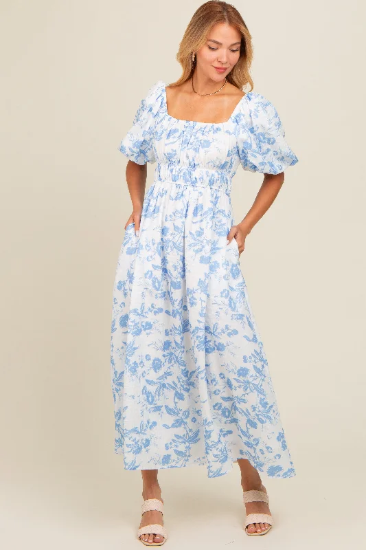 Blue Floral Puff Sleeve Midi Dress