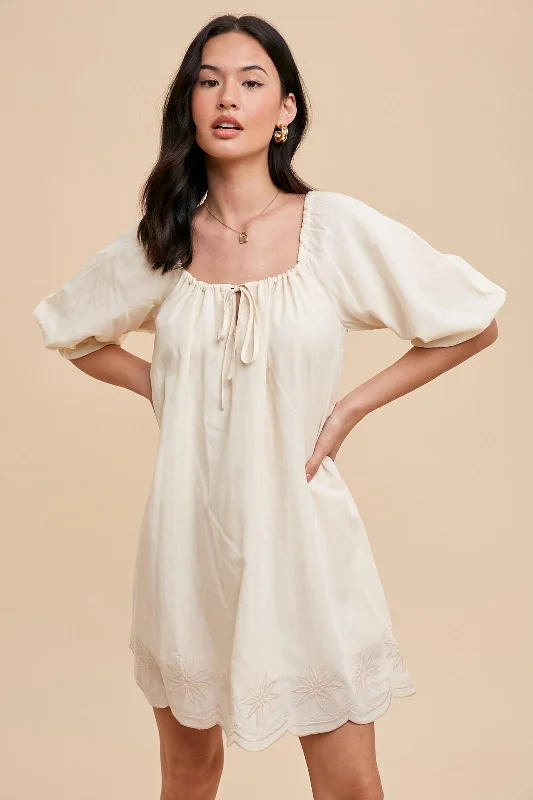 Cream Embroidered Puff Sleeve Dress