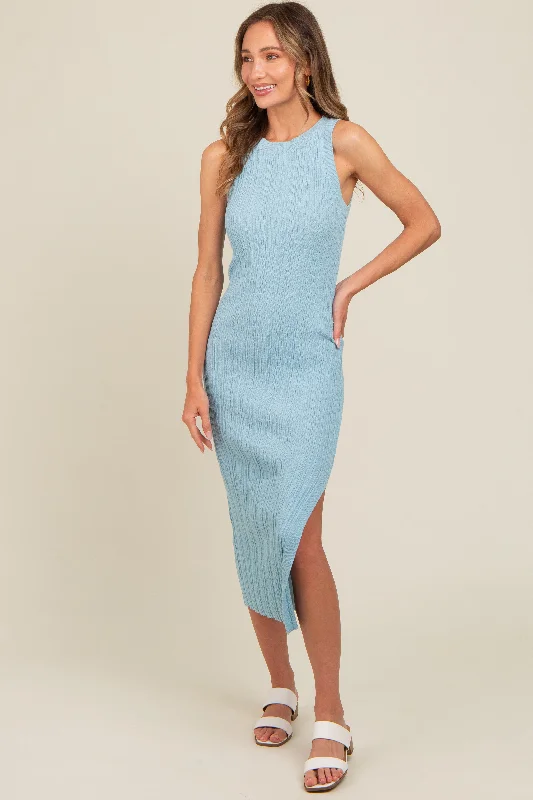 Light Blue Ribbed Side Slit Sleeveless Midi Dress