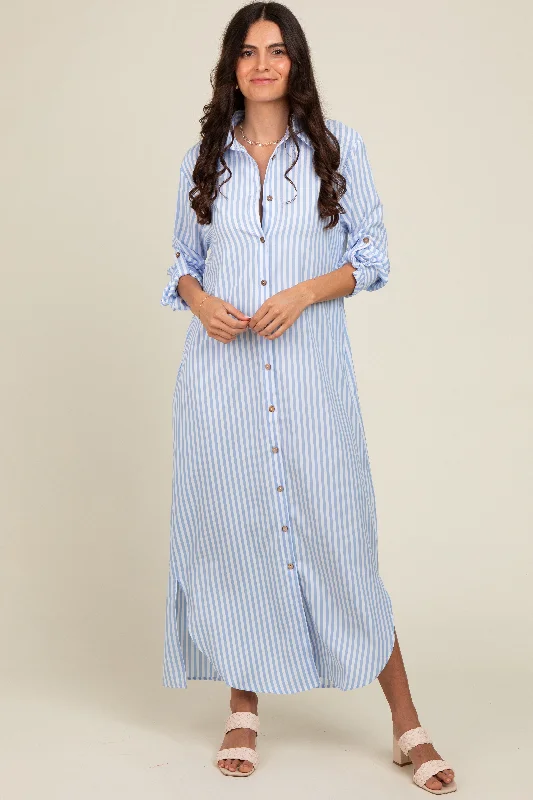 Light Blue Striped Button Down Maxi Dress