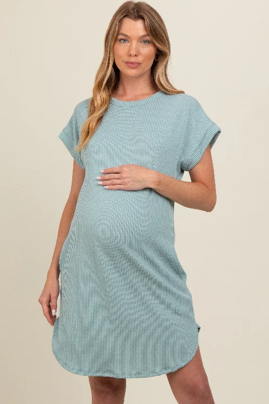 Light Olive Ribbed Round Hem Maternity Dress