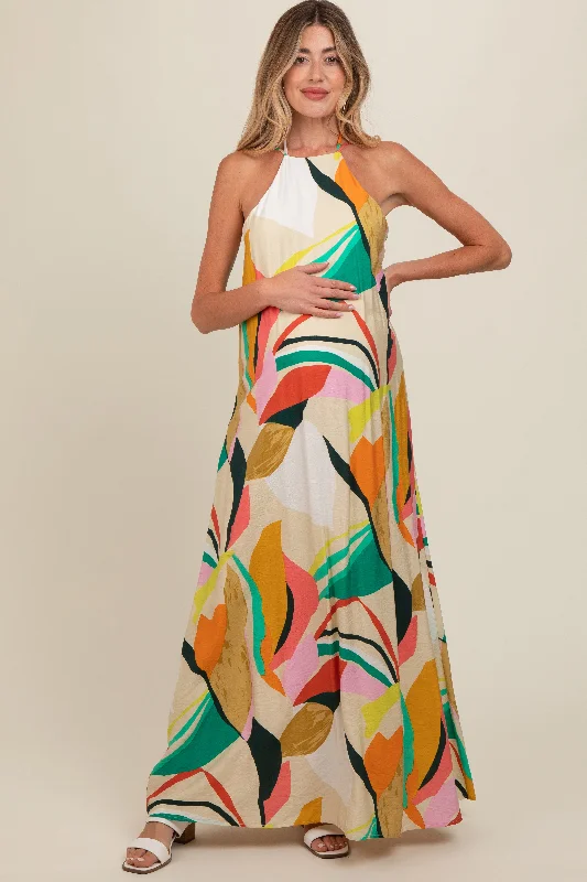 Multicolor Abstract Print Halter Maternity Maxi Dress