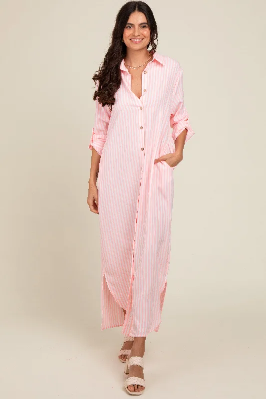 Pink Striped Button Down Maxi Dress