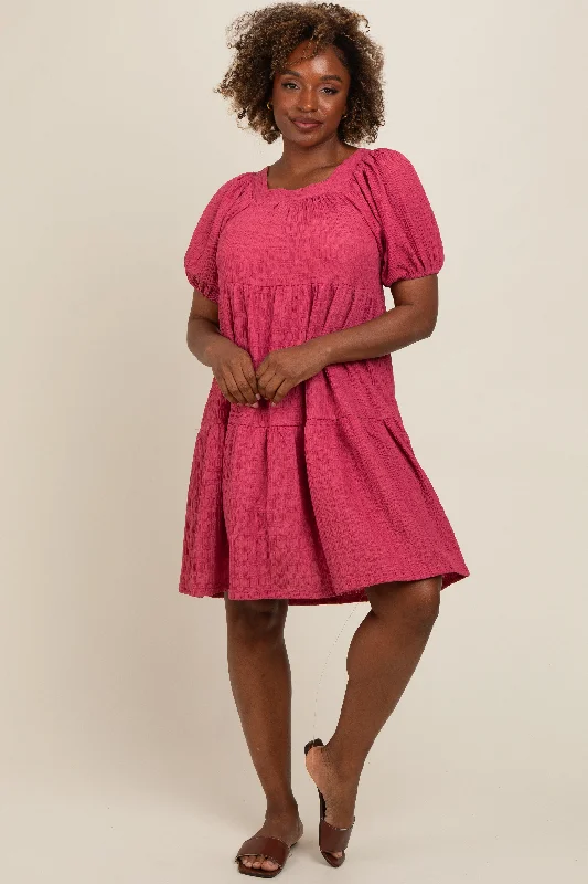 Pink Textured Tiered Puff Sleeve Dress