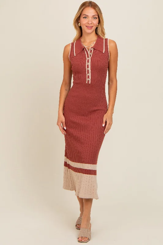 Rust Knit Button Front Contrast Border Midi Dress