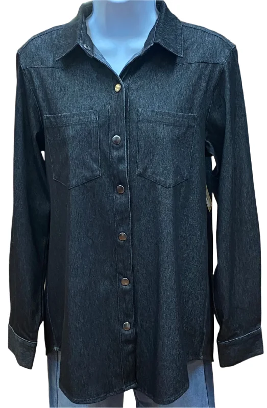 Black Denim Knit Long Sleeve Women's Snap Up Shirt