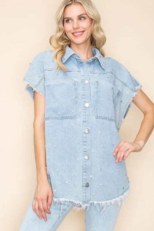 Denim Short Sleeve Top w/Rhinestones & Raw Hem