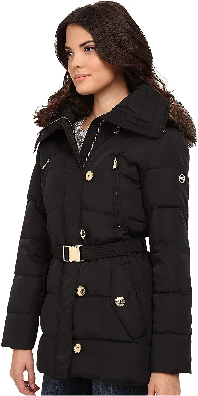 Michael Kors Fur Trim Hooded Down Coat-Black