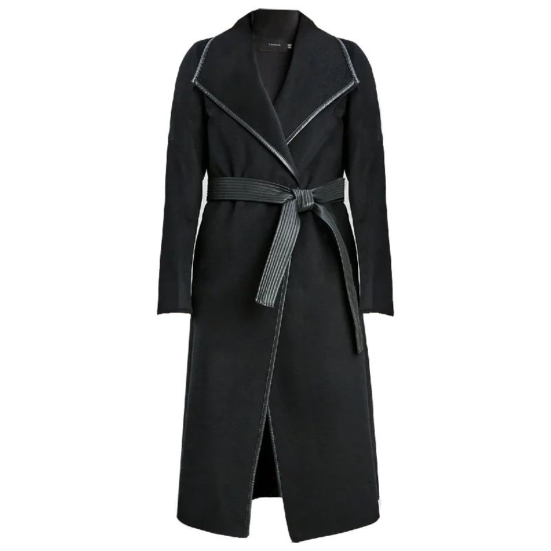 Tahari Women's Black Juliette Double Face Wool Belted Coat with Faux Leather Trim