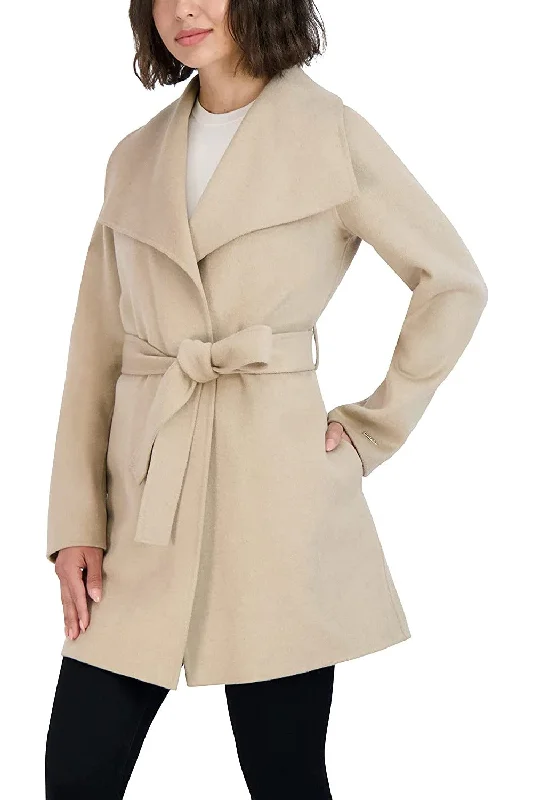 Tahari Women's Wool Wrap Coat with Tie Belt, Light Beige