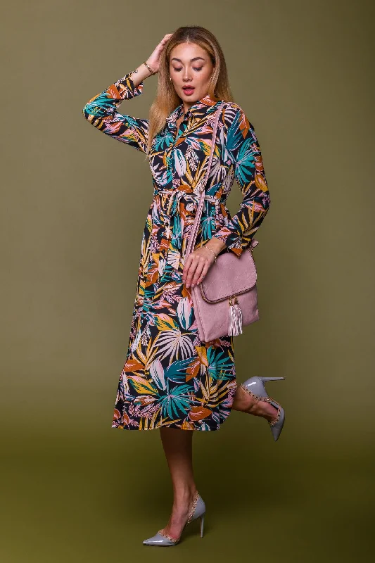 Tropical Leaf Print Shirt Dress