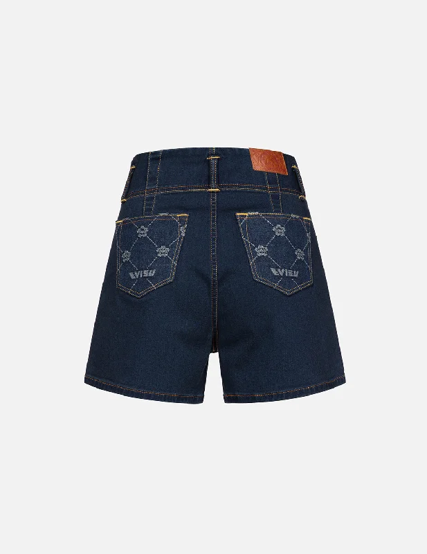 Allover Kamon Pattern Pockets High Waist Denim Shorts