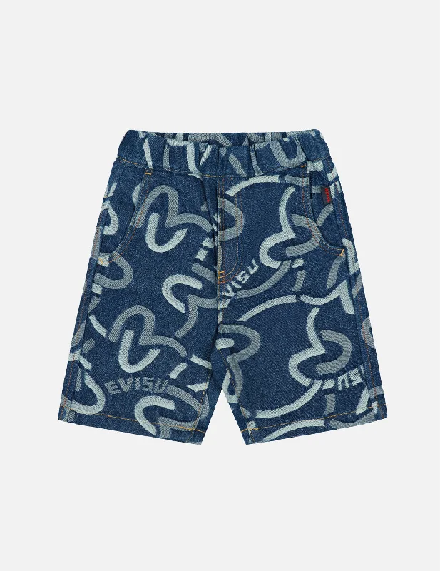 Allover Seagull and Logo Print Regular Fit Denim Shorts