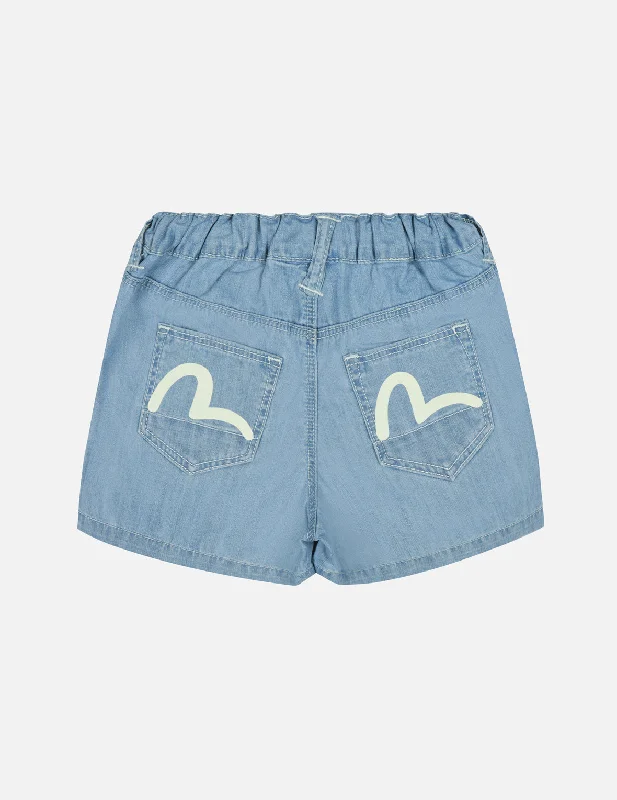 Heart-Shaped Logo and Seagull Print Regular Fit Denim Shorts