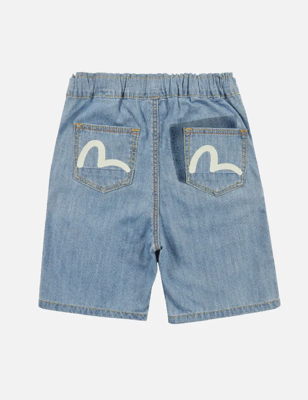 Seagull Print and Overlapping Multi-Pocket Regular Fit Denim Shorts